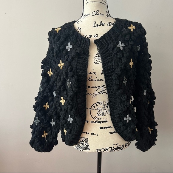 Saachi Aria knitted metallic pom Pom open cardigan sweater ladies One size Black - Picture 1 of 6